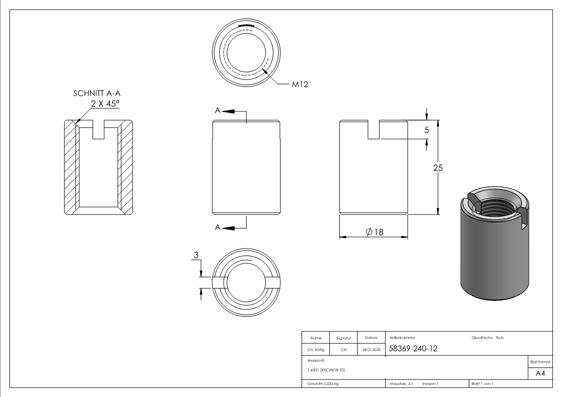 Rampa-Muffe M12 x 25, V2A