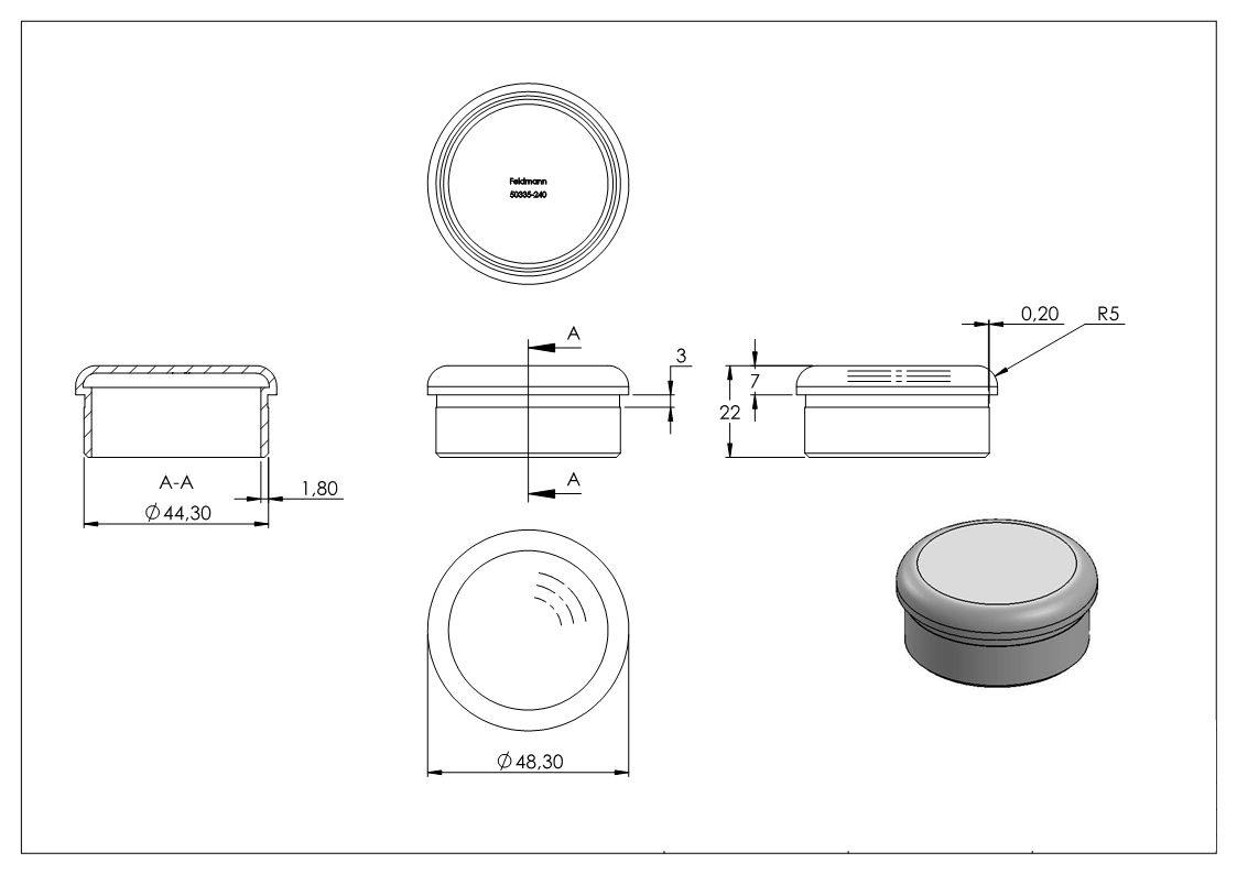 Stopfen flach V2A gegossen zum Einkleben für Ø 48,3x2,0 mm