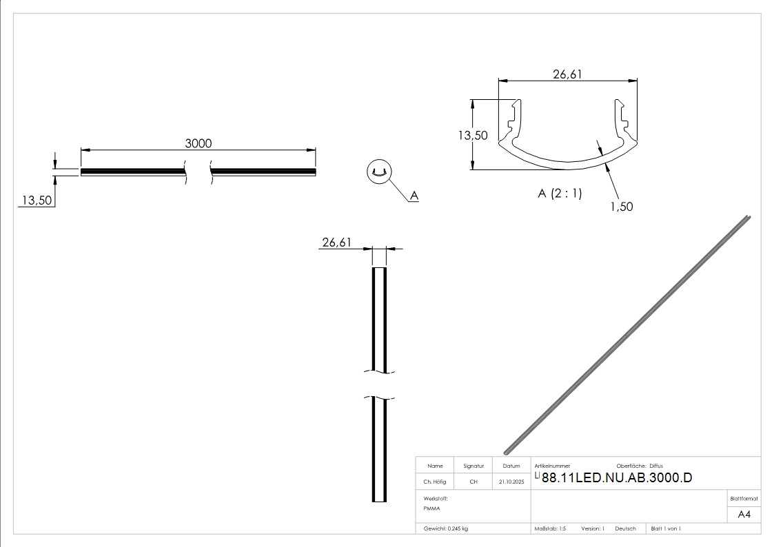 LED-Nutrohr LUNORA®- Kunststoffabdeckung diffus fuer Rund-Nutrohr 42-4mm- PMMA- L- 3000mm-88-11LED-NU-AB-3000.D