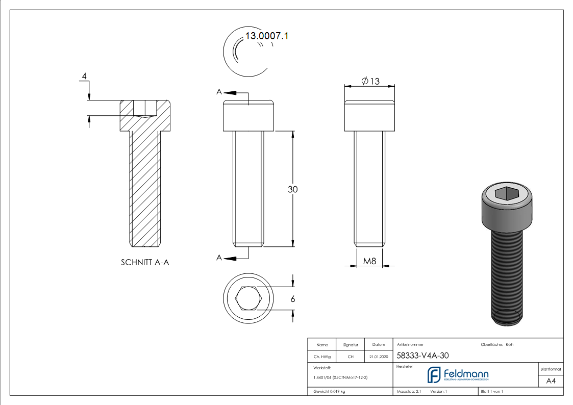 Zylinderkopfschraube V4A M8x30 Innensechskant DIN 912-13-0007.1