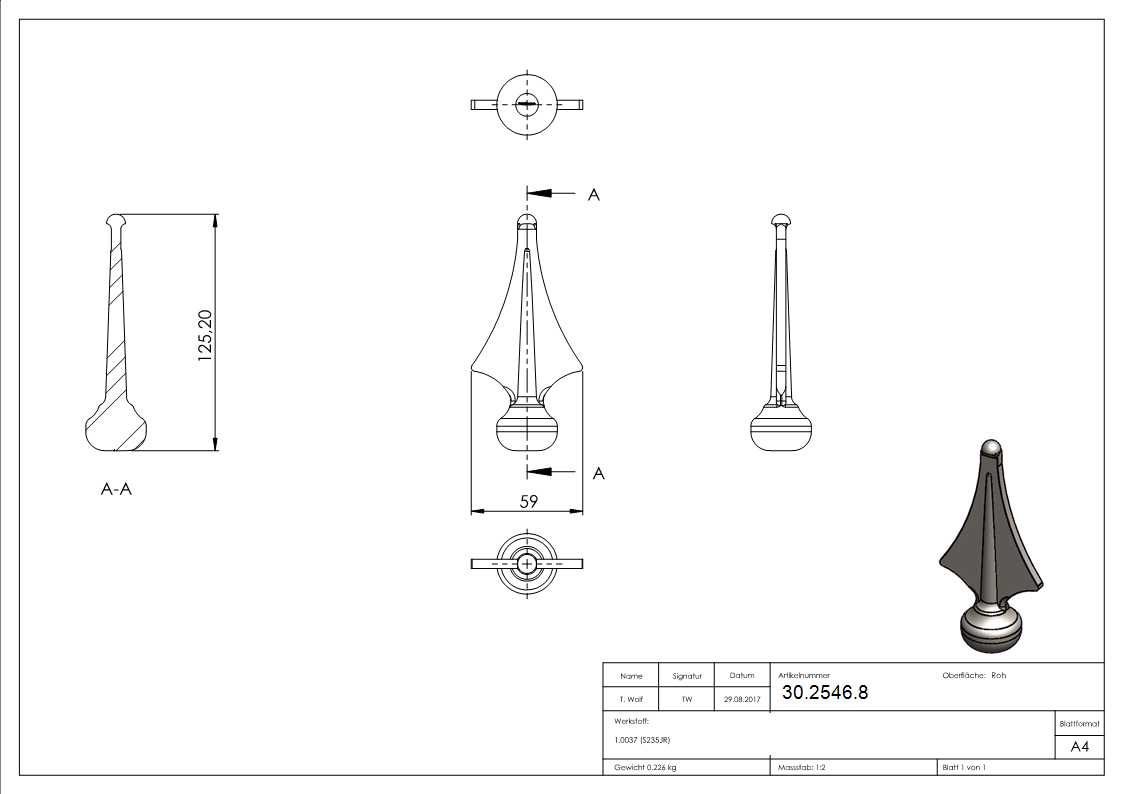 Zaunspitze | Höhe: 125 mm | Material: Ø 32 mm | Stahl S235JR, roh