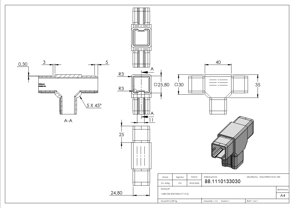 T-Verbinder V4A fuer Rohr 30 x 30 mm- Wand 2-0 mm- zum Stecken-88.1110133030