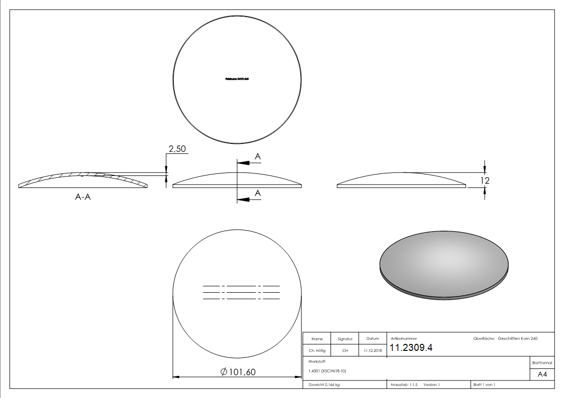 Kloepperboden Ø 101 mm leicht gewoelbt zum Aufschweissen V2A - Hoehe 2-5 mm-11-2309.4