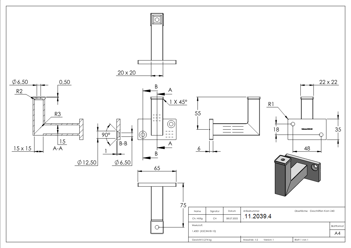Handlaufhalter zum Anschweißen/Aufschrauben (flach) V2A