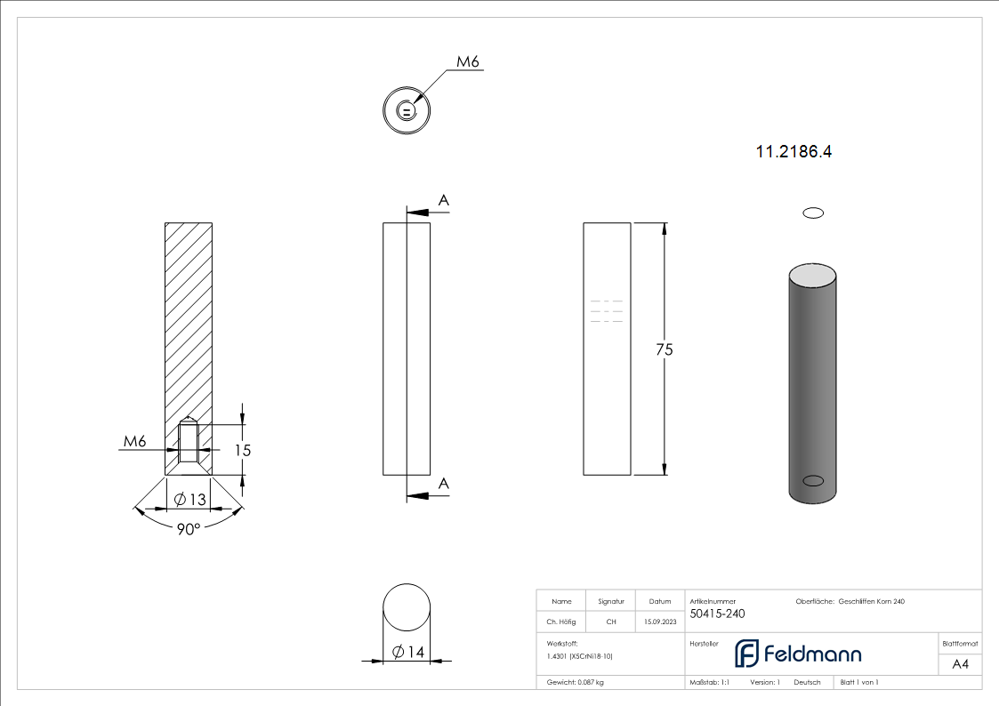 Stift | Maße: 75x14 mm | Innengewinde: M6x15 mm | zum Anschweißen | V2A