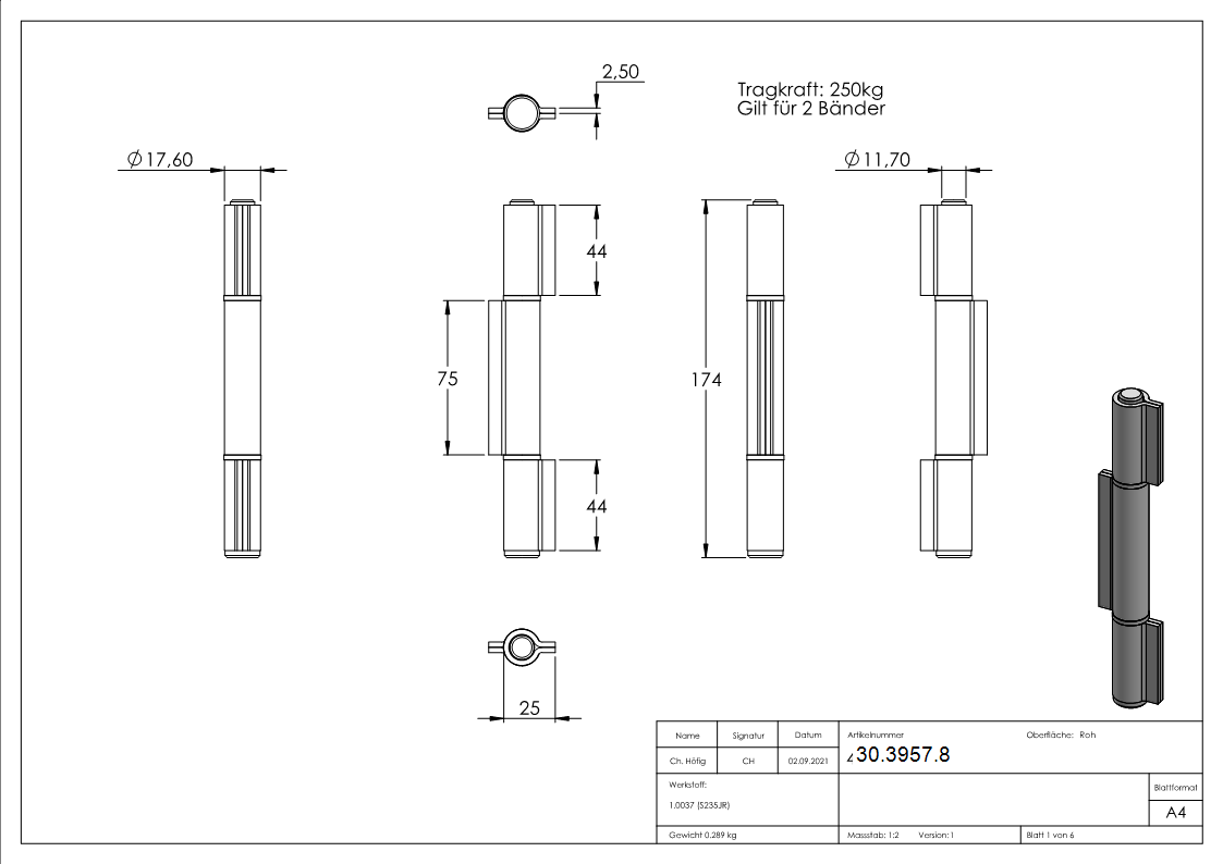 Anschweissband Stahl 3-teilig schwer Tragkraft 250 kg-30-3957.8