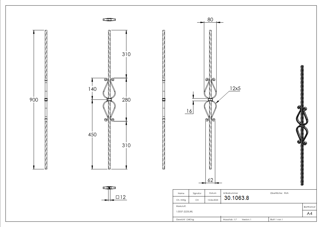 Zierstab | Länge: 900 mm | Material: 12x12 mm | gehämmert | Stahl (Roh) S235JR