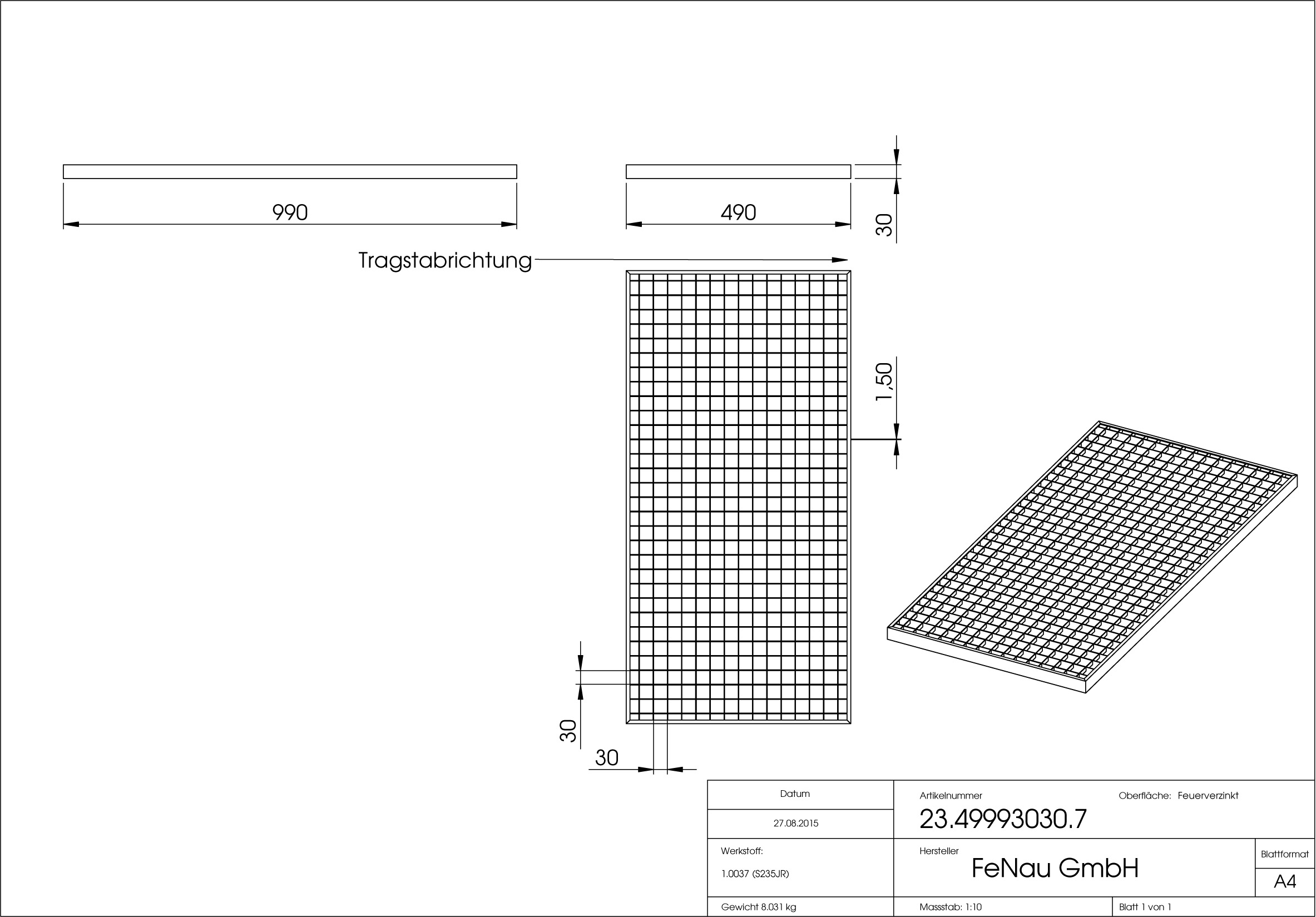 Lichtschachtrost Baunormrost | Maße:  490x990x30 mm 30/30 mm | aus S235JR (St37-2), im Vollbad feuerverzinkt