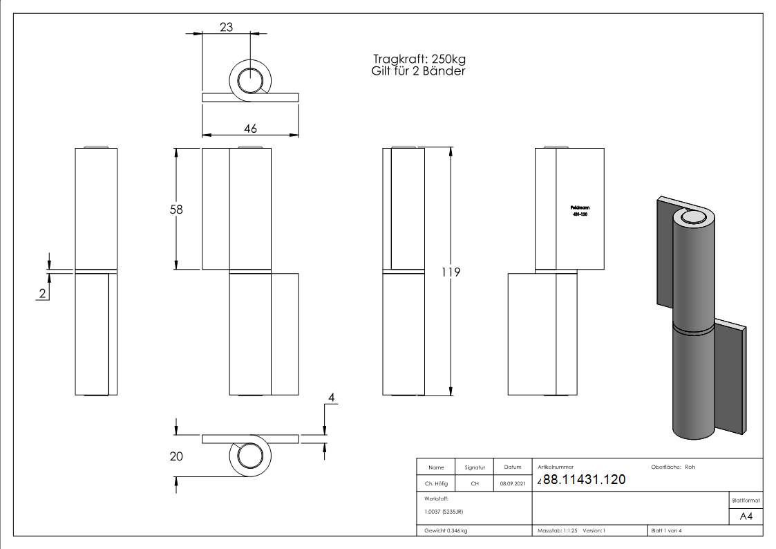 Anschweissband Stahl 2-teilig mit losem Zapfen 250 kg Tragkraft-88-11431.120