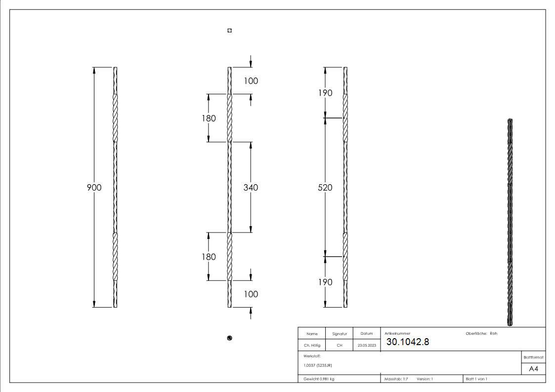 Zwischenstab | Länge: 900 mm | Material: 12x12 mm | gehämmert | Stahl S235JR, roh