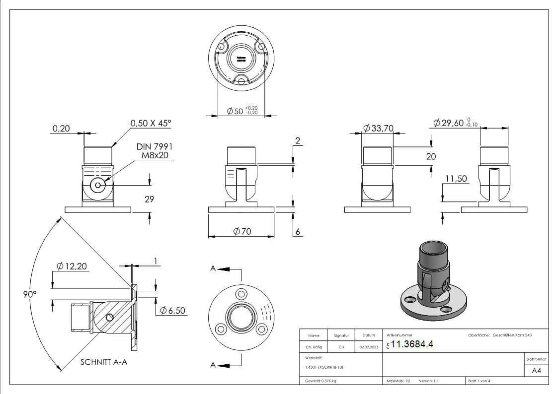 Wandhalter 90° flexibel für Rundrohr Ø 33,7x2,0 mm | V2A