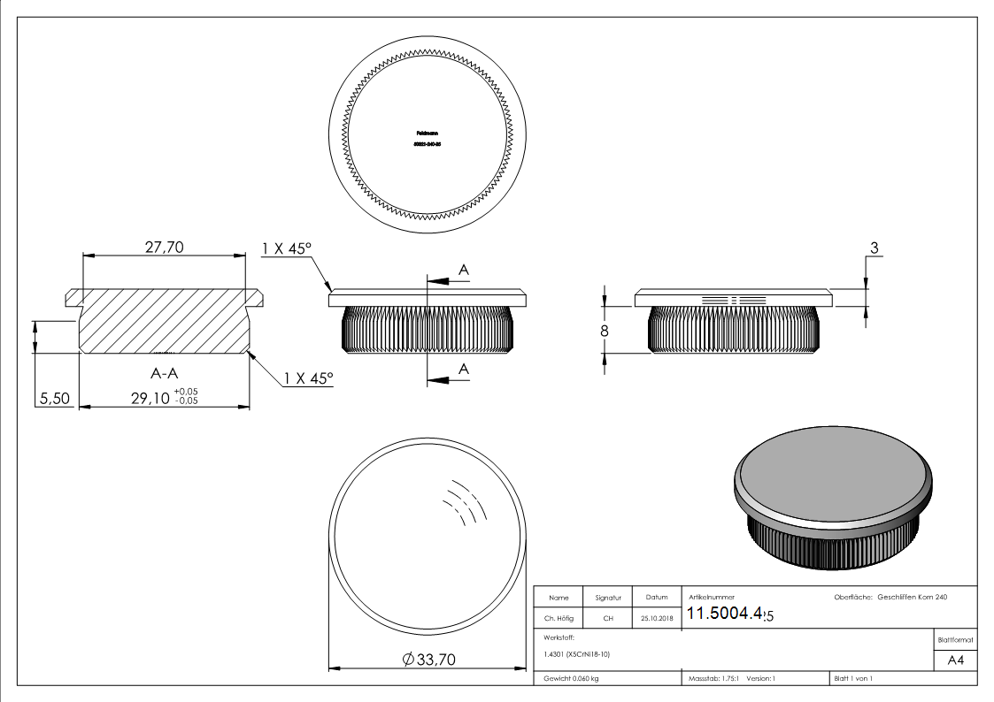 Rohrstopfen fuer Ø 33-7x2-5 mm flach zum Einschlagen V2A-11-5004.4