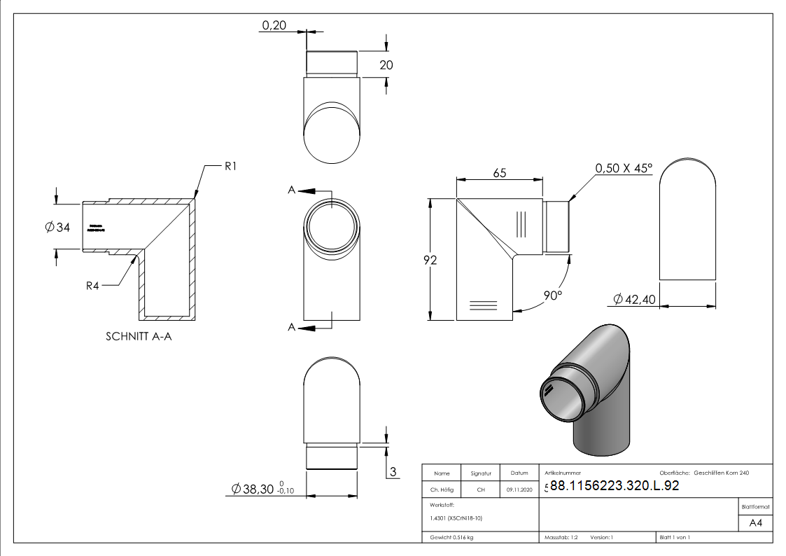 Endstück 90°, für Rohr 42,4 x 2,0mm, als Endstück