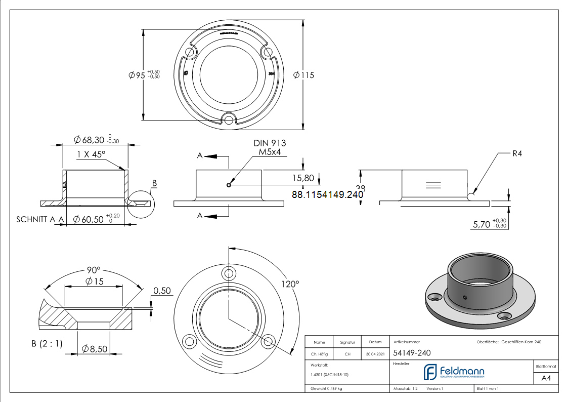 Bodenanker für Rohr 60,3mm, V2A