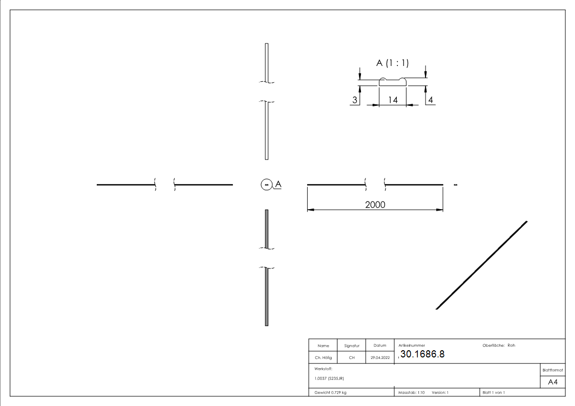 Bundmaterial | Maße: 14x4x3 mm | Länge: 2000 mm | Stahl S235JR, roh