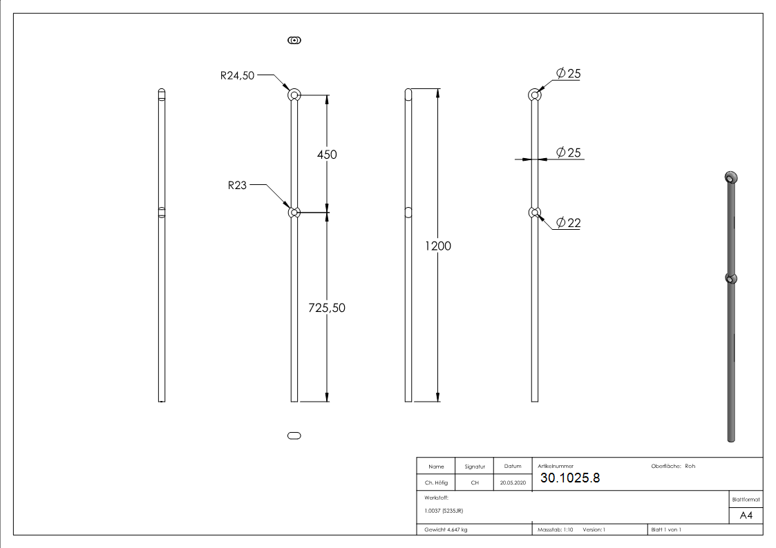 Anfangsstab Pfosten Länge: 1200 mm Material: Ø 25 mm Stahl S235JR, roh