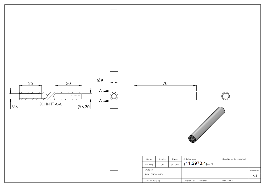 Gewindeterminal mit Innengewinde | Rechtsgewinde | Für Seil von Ø 6 mm |V2A