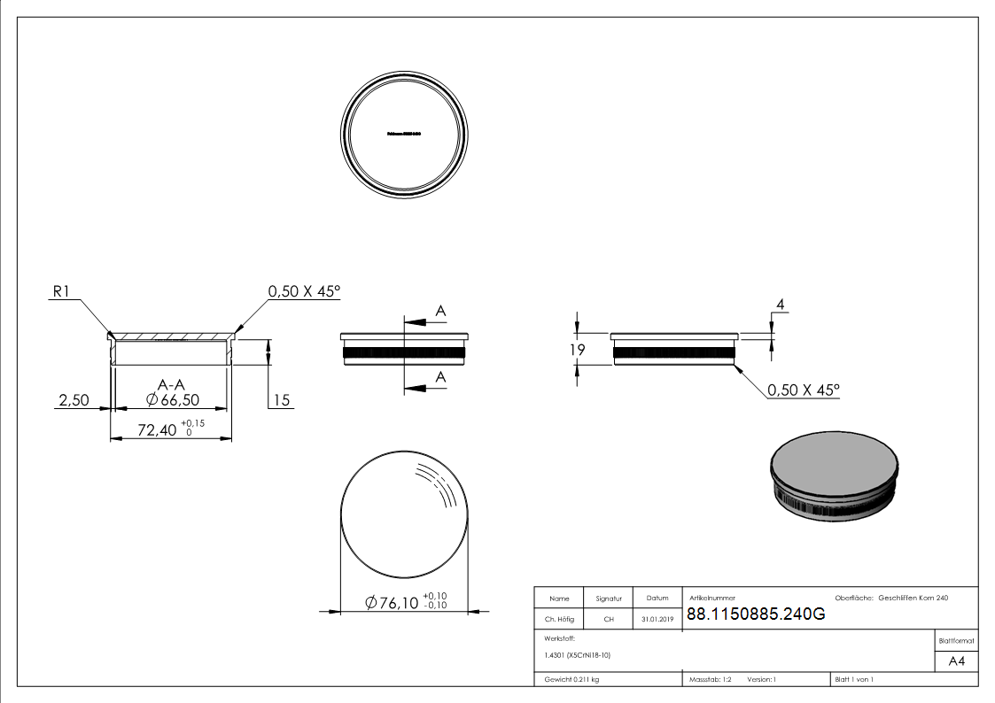 Rohrstopfen, für Rohr 76,1 x 2,0mm, V2A
