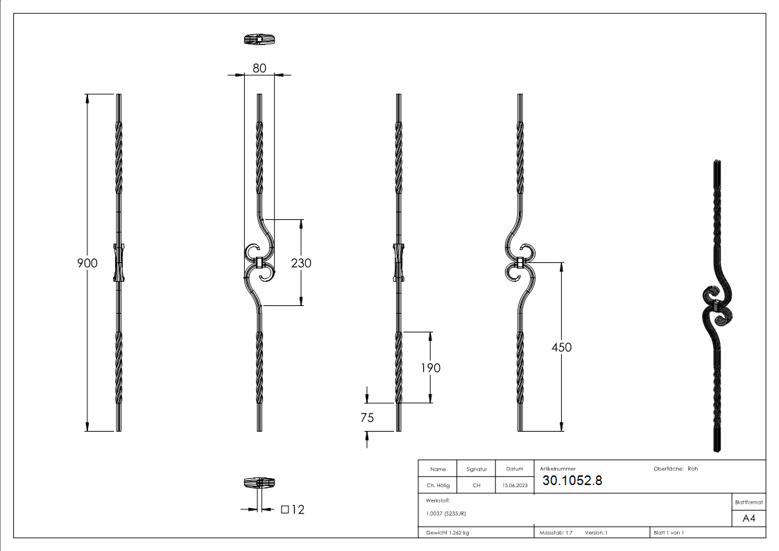 Zierstab | Länge: 900 mm | Material: 12x12 mm | gerillt | Stahl (Roh) S235JR