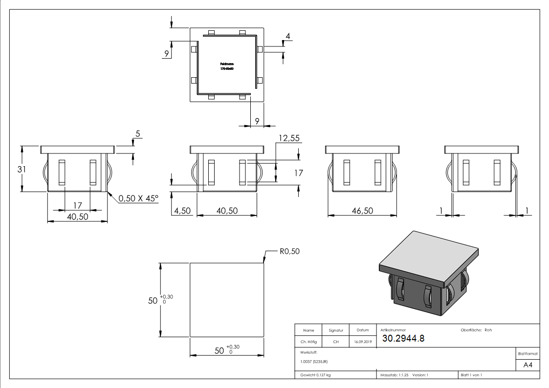 Stahlstopfen flach - fuer Rohr 50x50x2-0-3-0 mm - Stahl S235JR- roh-30-2944.8