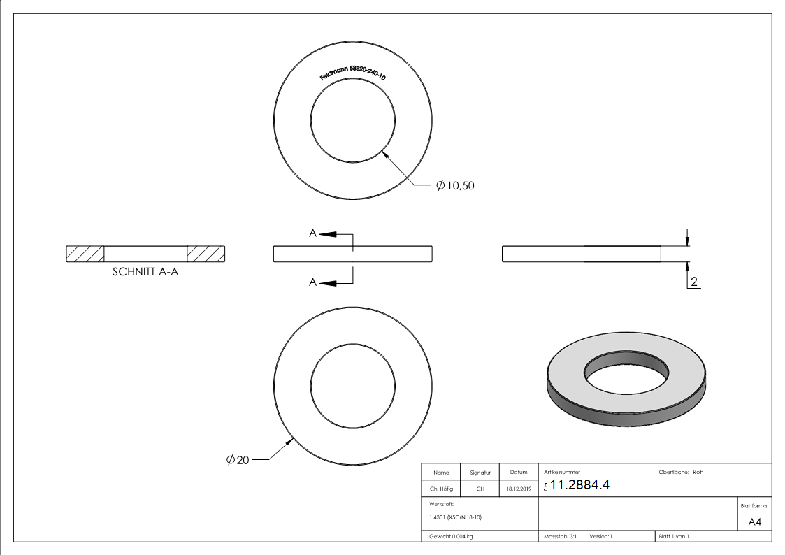 Beilagscheibe | für Gewinde M10 | DIN 125-1, A2 | V2A