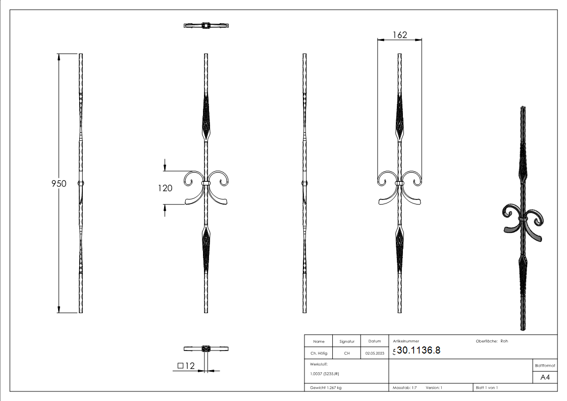 Zierstab - Laenge- 900 mm - Material- 12x12 mm geschmiedet - Stahl S235JR- roh-30-1136.8