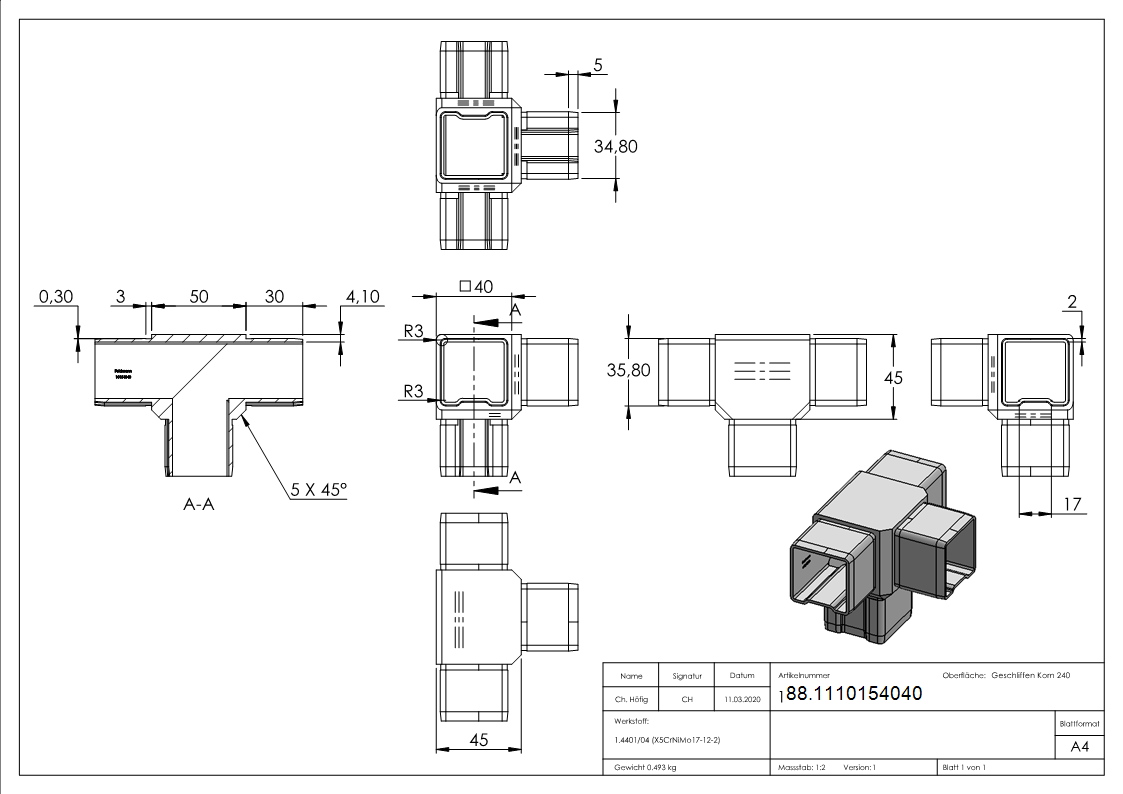 T-Verbinder V4A fuer Vierkantrohr 40 x 40 x 2 mm steckbar-88.1110154040