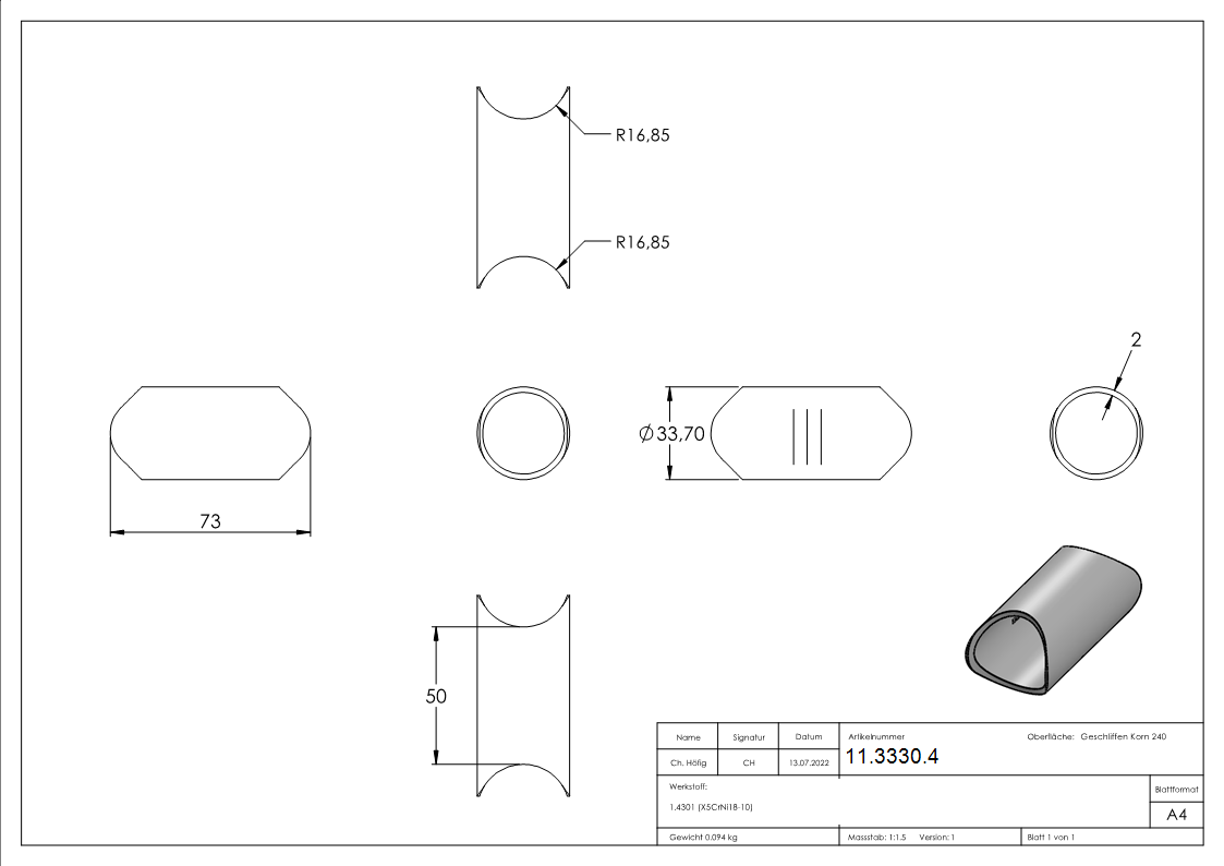 Rohrverbindungsstueck fuer Rundrohr Ø 33-7 mm V2A-11-3330.4
