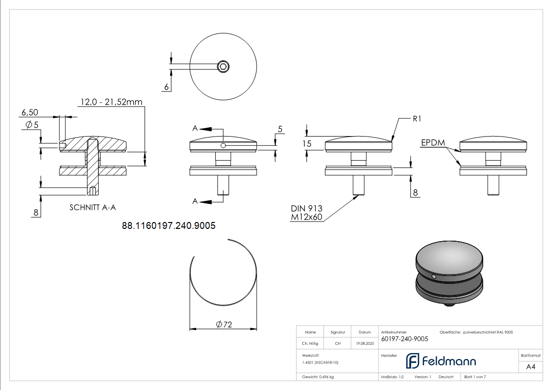 Glaspunkthalter 72mm- Anschluss- flach- V2A- pulverbeschichtet in RAL 9005 schwarz matt-88-1160197-240.9005