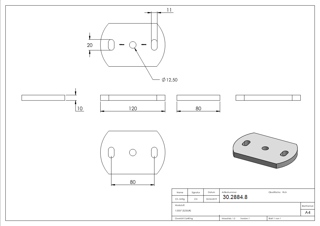 Ankerplatte 120x80x10 mm 3 Bohrungen |  Stahl roh