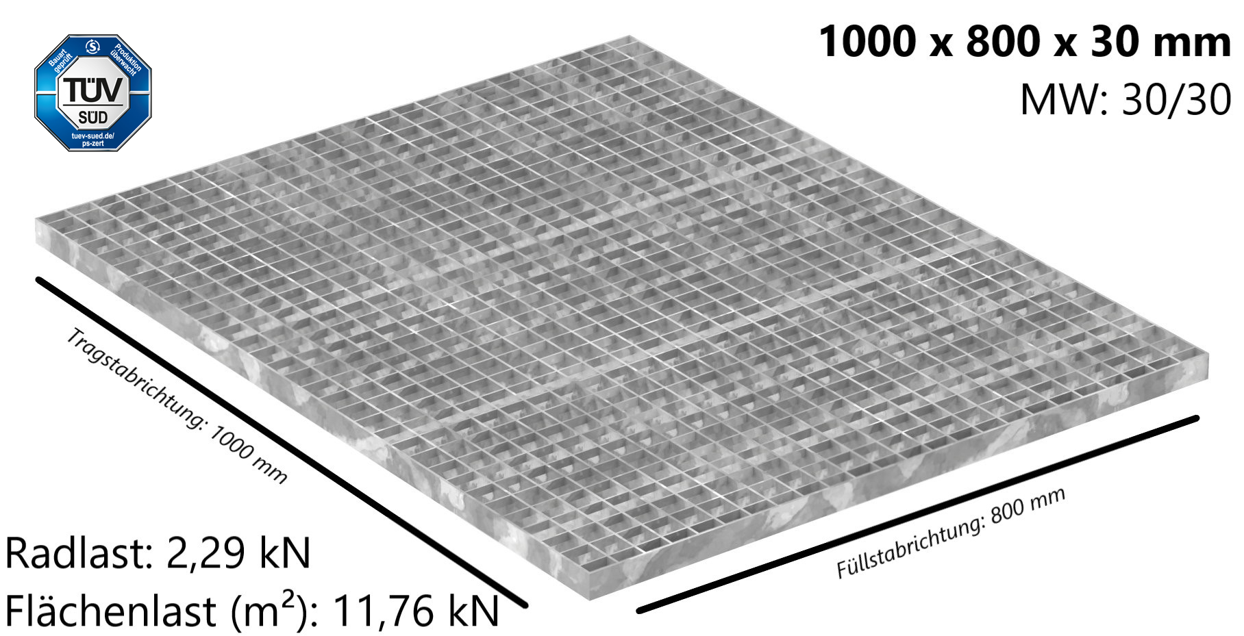 Industrie-Gitterrost | Maße: 1000x800x30 mm; MW 30/30 mm; 30/3 mm | S235JR (St37-2), im Vollbad feuerverzinkt