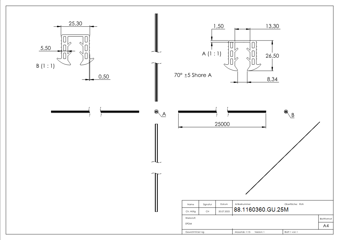 Keildichtung Glas 8,00 - 10,76mm, für Nut 24 x 24mm, Länge 25m, EPDM
