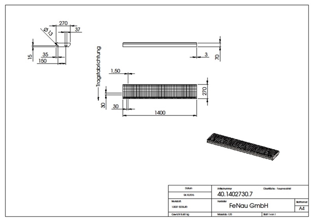 Gitterroststufe Treppenstufe Maße: 1400x270 mm 30/30 mm S235JR (St37-2), im Vollbad feuerverzinkt