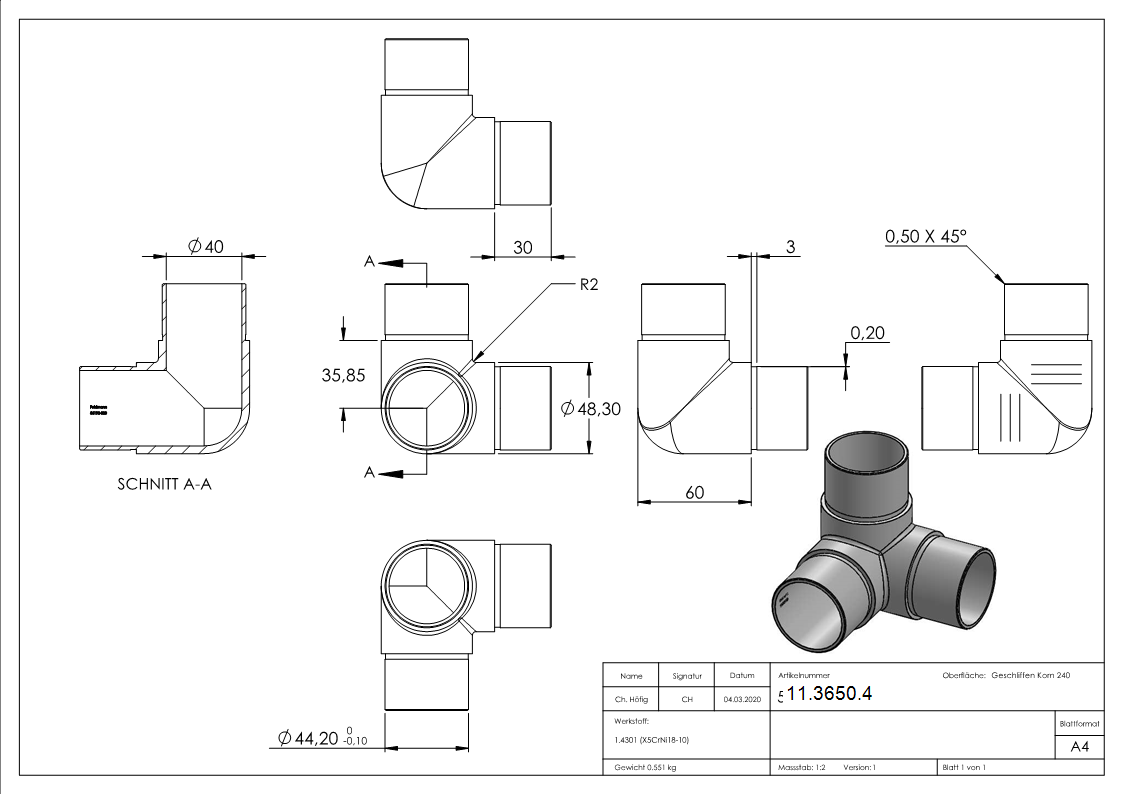 Ecke/Abgang 90° für Rundrohr Ø 48,3x2,0 mm V2A