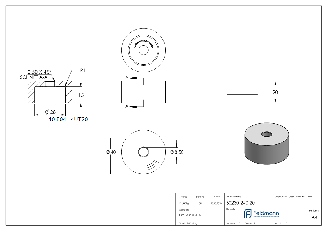 Glas-Punkthalter Unterteil Ø 40 mm + 20 mm Höhe V2A