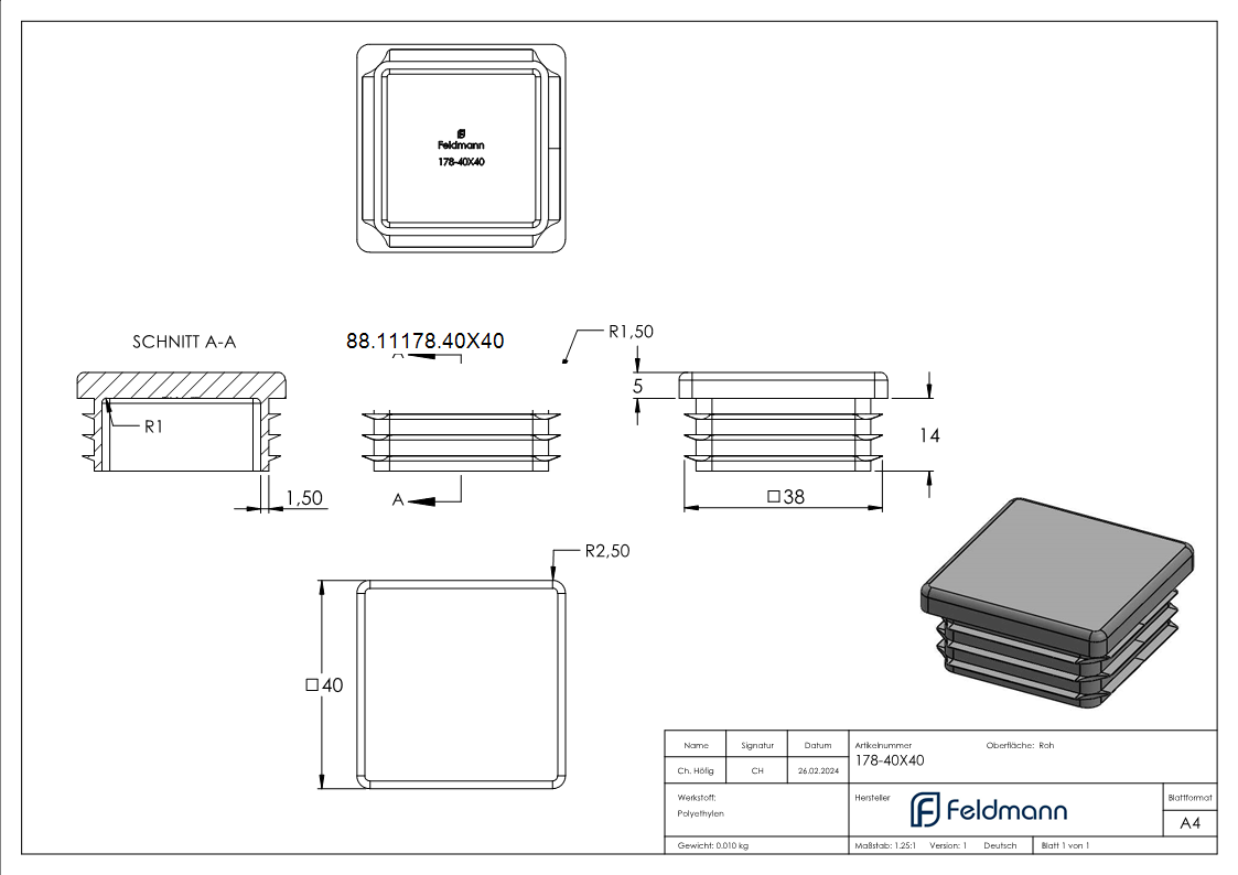 Kunststoffkappe schwarz fuer Quadratrohr 40x40mm-88-11178.40X40