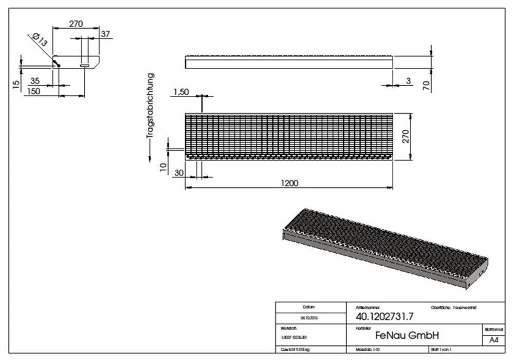 Gitterroststufe Treppenstufe Maße: 1200x270 mm 30/10 mm S235JR (St37-2), im Vollbad feuerverzinkt