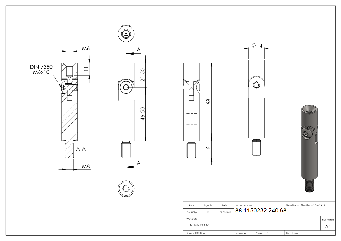 Gelenkstift Ø 14mm, Länge: 68mm, V2A