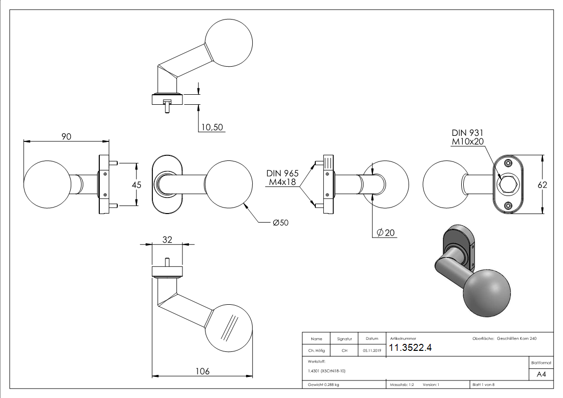 V2A Tuerdruecker gekroepft mit Kugel Ø 50 mm feststeh-11-3522.4