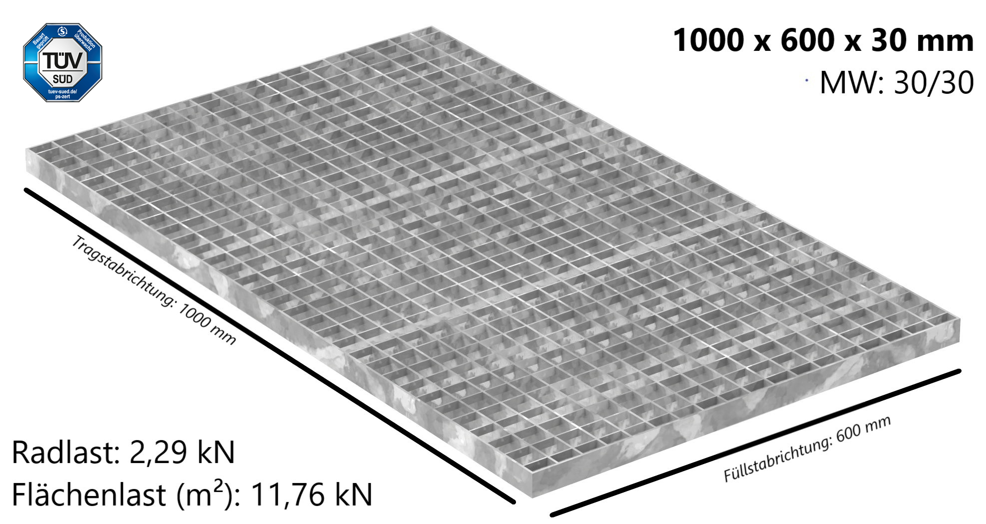 Industrie-Gitterrost | Maße: 1000x600x30 mm; MW 30/30 mm; 30/3 mm | S235JR (St37-2), im Vollbad feuerverzinkt