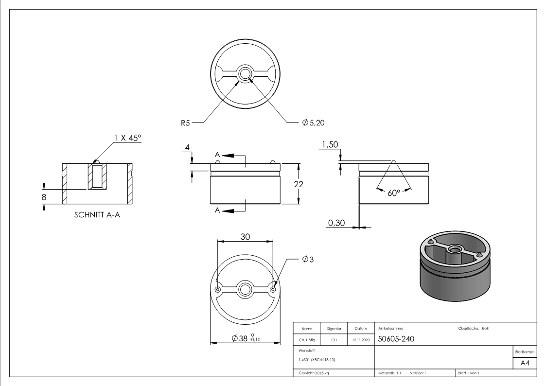 Adapter für 42mm Holzhandlauf, V2A