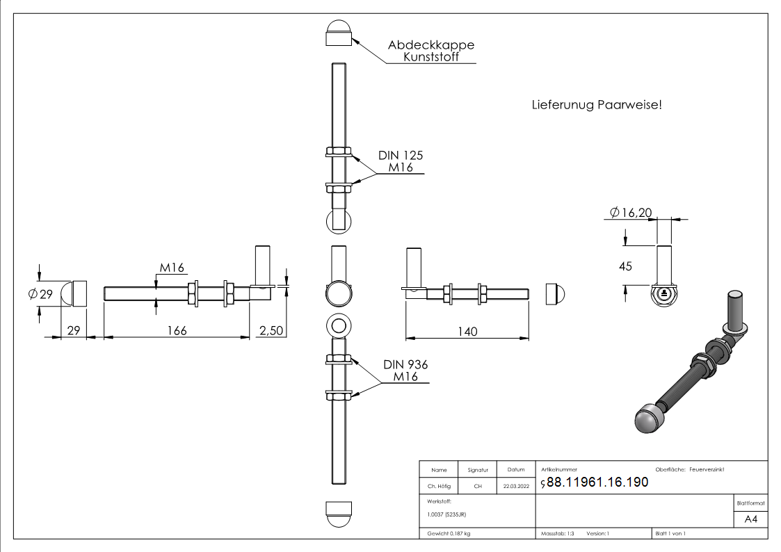 Einhängeband Torband zum Durchschrauben für Ø 16mm, Länge 190mm