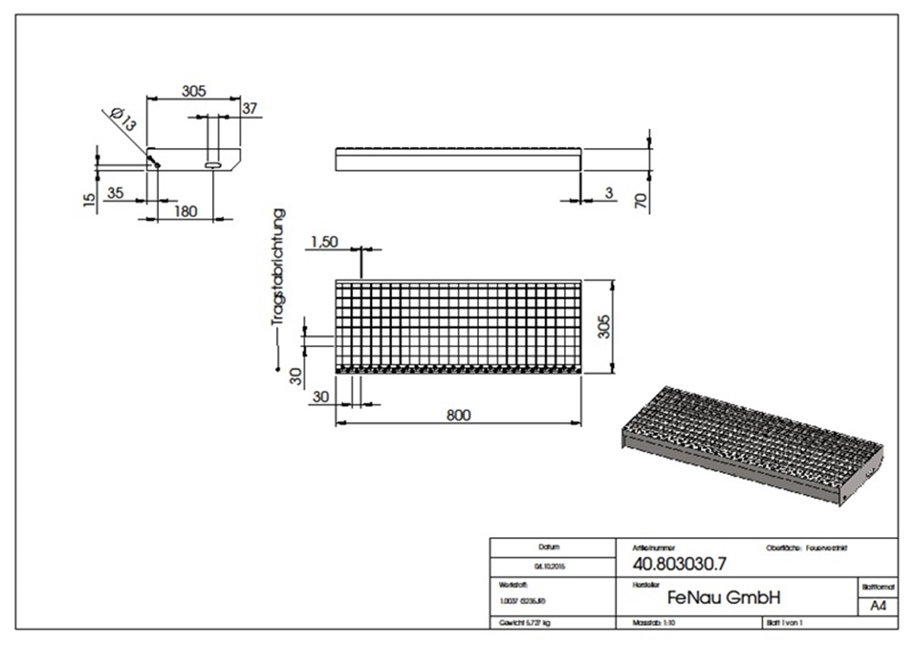 Gitterroststufe Treppenstufe | Maße: 800x305 mm 30/30 mm | S235JR (St37-2), im Vollbad feuerverzinkt