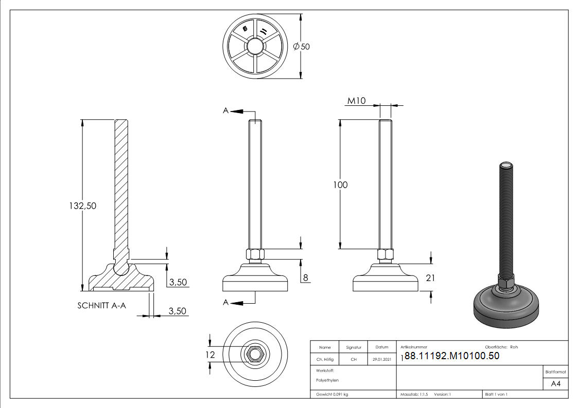 Schwerlast-Maschinenfuss M10 x 100-88-11192-M10100.50