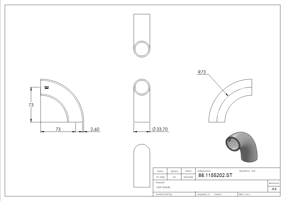 Schweißbogen 90°, 33,7 x 2,6mm, Bauart 5, S235