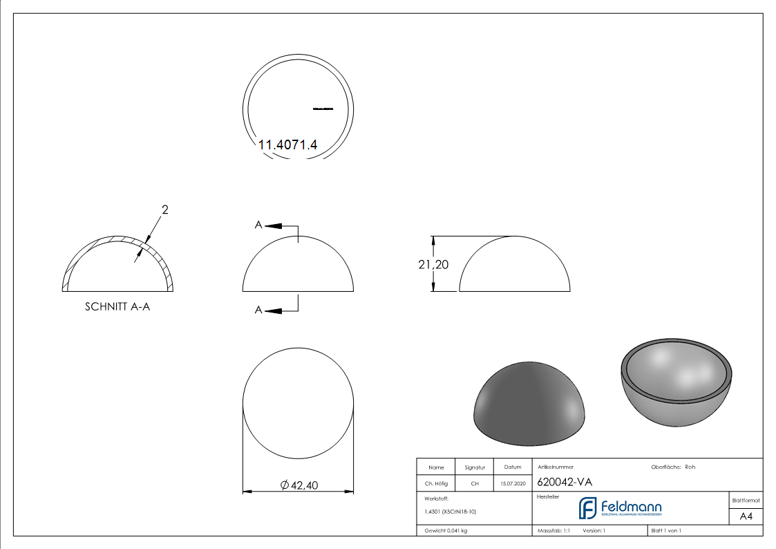 Halbhohlkugel Ø 42,4x2,0 mm V2A ungeschliffen