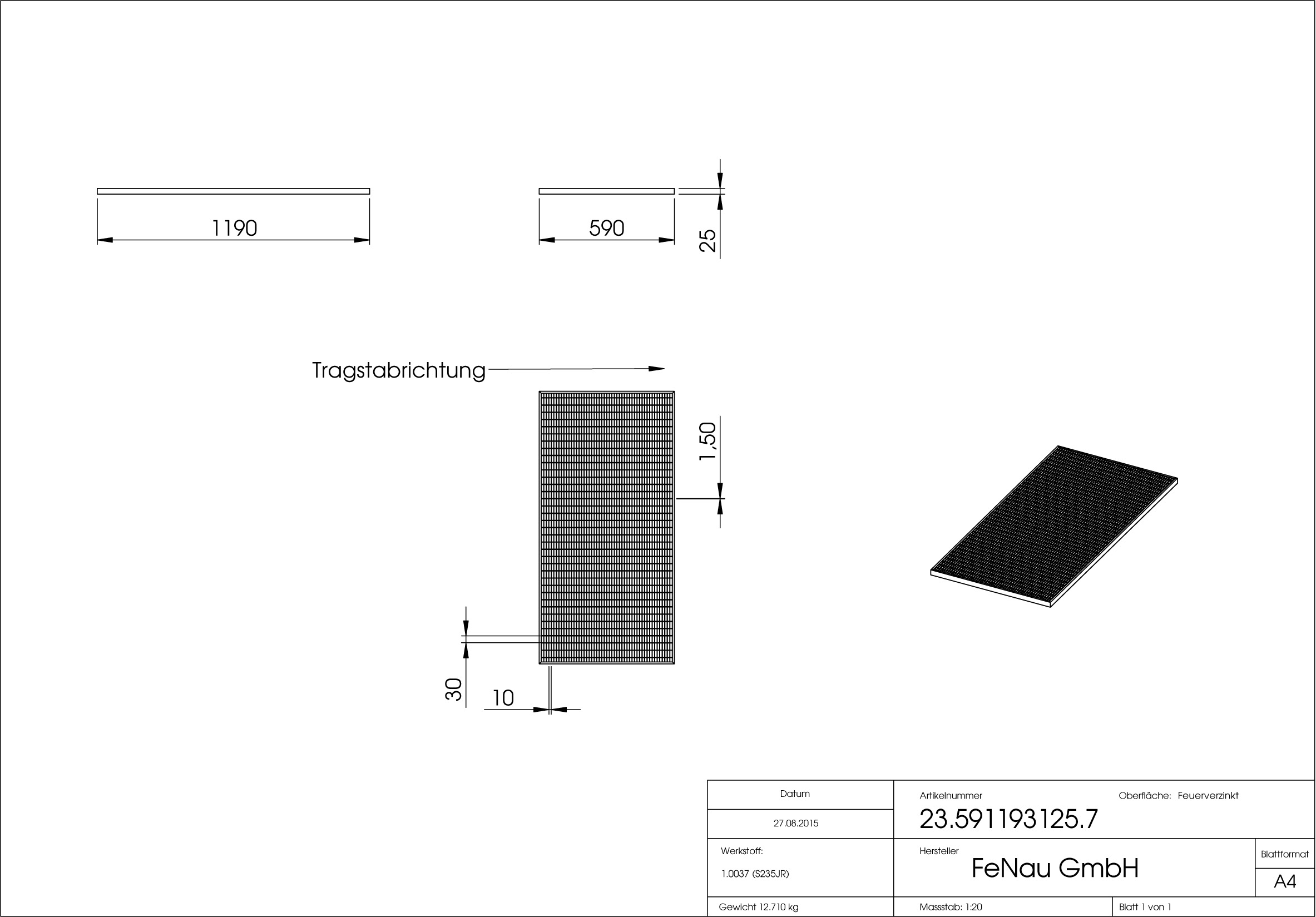 Lichtschachtrost Baunormrost | Maße:  590x1190x25 mm 30/10 mm | aus S235JR (St37-2), im Vollbad feuerverzinkt