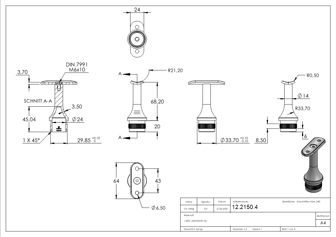 Stütze mit Halteplatte für Rundrohr Ø 42,4 mm + Stopfen für 33,7x2,0 mm V2A