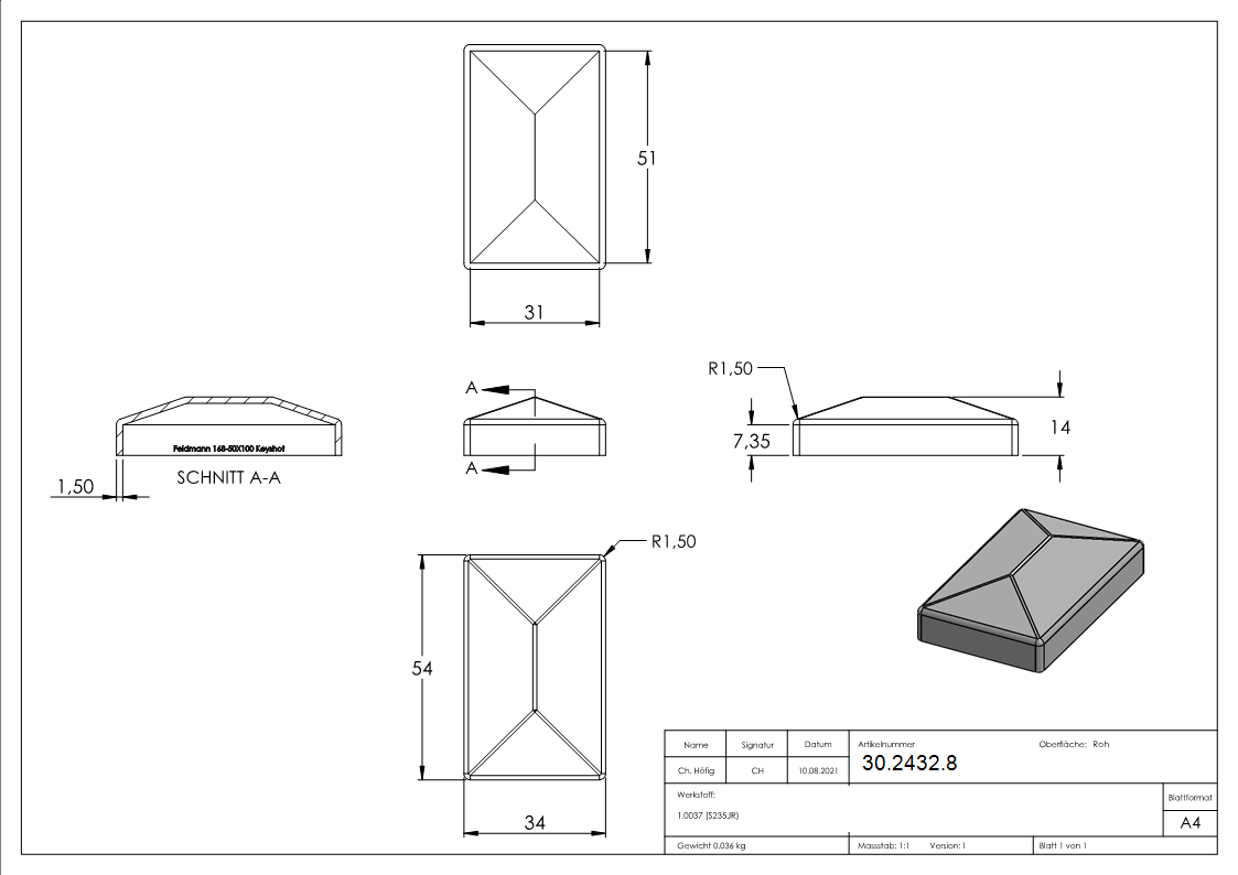 Pfeilerbedecker | für Rechteckrohr | Maße: 50x30 mm | Stahl S235JR, roh