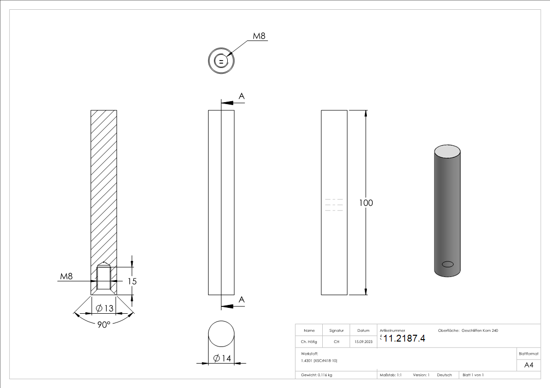 Stift Maße: 100x14 mm Innengewinde: M8x15 zum Anschweißen V2A